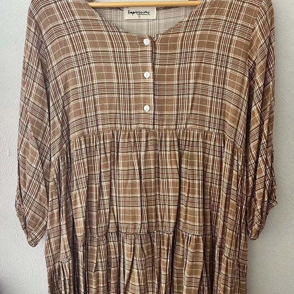 Impressions Tan Plaid Button-Up Dress - Picture 2 of 6